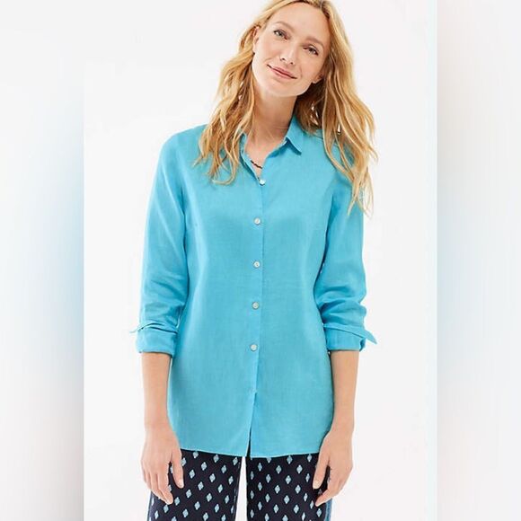 J.Jill women’s love linen essential island blue button up blouse XL NWT - Picture 2 of 5